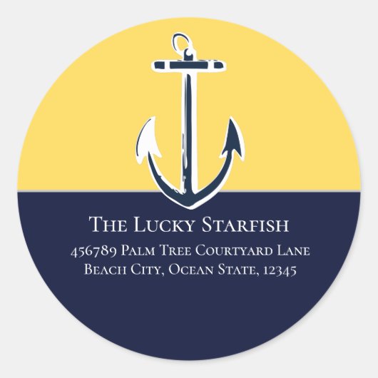 Nautical Navy Mustard Yellow Anchor strand house Ronde Sticker (Voorkant)