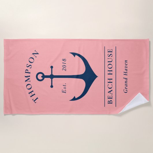 Nautical Navy Pink Anchor Custom Vacation Home Strandlaken (Voorkant)