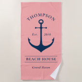 Nautical Navy Pink Anchor Custom Vacation Home Strandlaken (Voorkant)