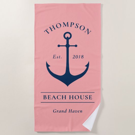 Nautical Navy Pink Anchor Custom Vacation Home Strandlaken (Voorkant)
