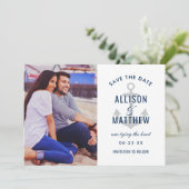 Nautical Navy Platinum Gray Anchor Weddenfoto Save The Date (Staand voorkant)