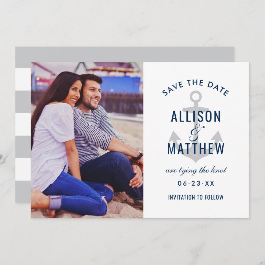 Nautical Navy Platinum Gray Anchor Weddenfoto Save The Date (Voorkant / Achterkant)