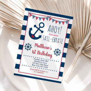 Nautical Navy & Red Anchor Boy Birthday Kaart