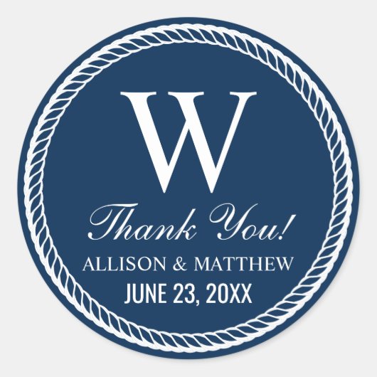 Nautical Navy Rope Wedding Monogram Ronde Sticker (Voorkant)