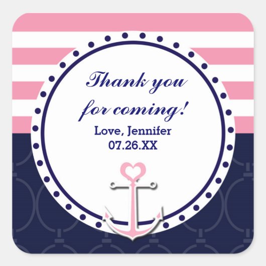 Nautical Navy Roze Anker Party Favor Sticker (Voorkant)