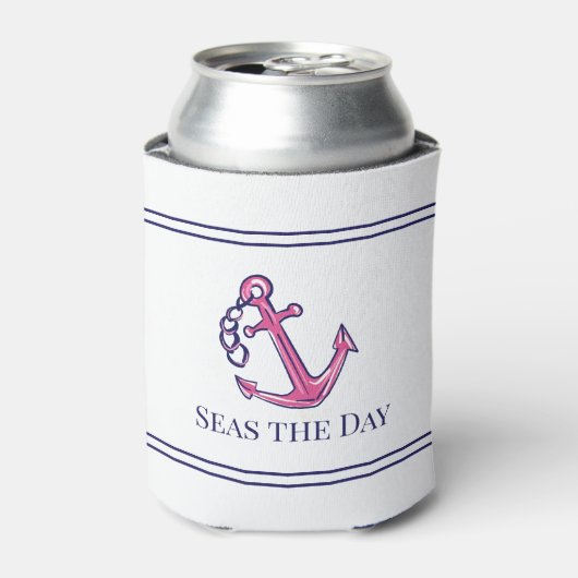 Nautical Navy Roze Anker Preppy Bootnaam Blikjeskoeler (Blikje Voorkant)