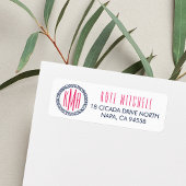 Nautical Navy & Roze Monogram Return Address Etiket