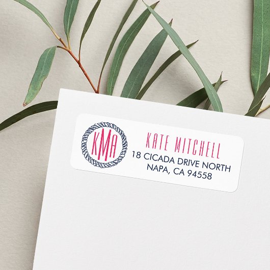 Nautical Navy & Roze Monogram Return Address Etiket