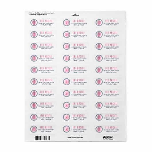 Nautical Navy & Roze Monogram Return Address Etiket (Full Sheet)