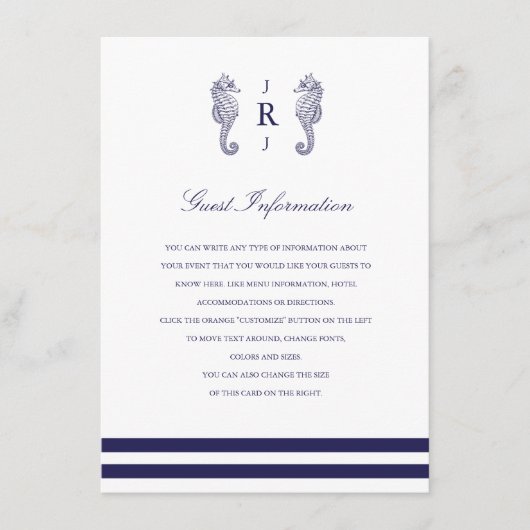 Nautical Navy Seahorse Wedding Insert Informatiekaartje (Voorkant)