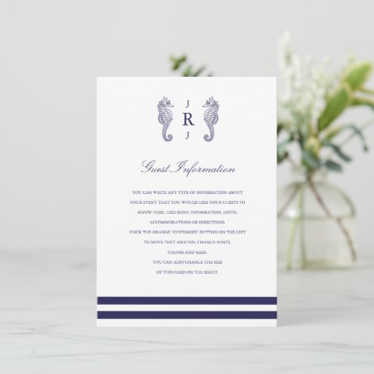 Nautical Navy Seahorse Wedding Insert Informatiekaartje (Staand voorkant)