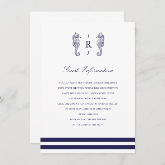 Nautical Navy Seahorse Wedding Insert Informatiekaartje (Voorkant / Achterkant)