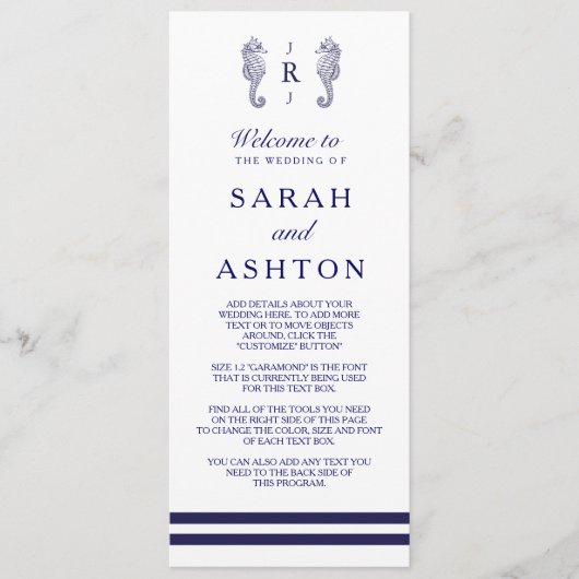 Nautical Navy Seahorse Wedding Programme Programmakaart (Voorkant)
