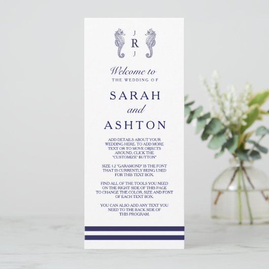 Nautical Navy Seahorse Wedding Programme Programmakaart (Staand voorkant)