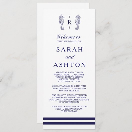 Nautical Navy Seahorse Wedding Programme Programmakaart (Voorkant / Achterkant)