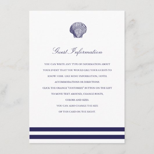 Nautical Navy Seashell Wedding Insert Informatiekaartje (Voorkant)