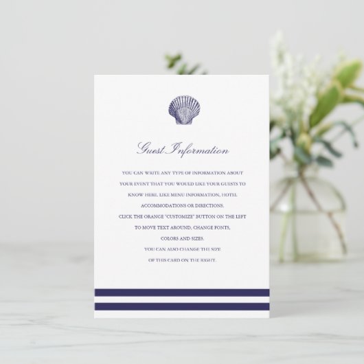 Nautical Navy Seashell Wedding Insert Informatiekaartje (Staand voorkant)