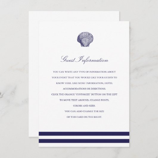 Nautical Navy Seashell Wedding Insert Informatiekaartje (Voorkant / Achterkant)
