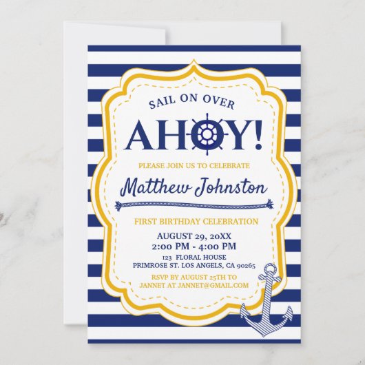 Nautical Navy Ship Baby Boy Stripe Anchor Birthday Kaart (Voorkant)