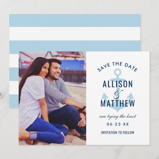Nautical Navy Sky Blue Anchor Weddenfoto Save The Date (Voorkant / Achterkant)