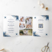 Nautical Navy Starfish All in One QR Code Weddensc Drieluik Uitnodiging (Binnen)