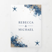 Nautical Navy Starfish All in One QR Code Weddensc Drieluik Uitnodiging (Cover)