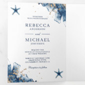 Nautical Navy Starfish All in One QR Code Weddensc Drieluik Uitnodiging (Binnenzijde eerst)