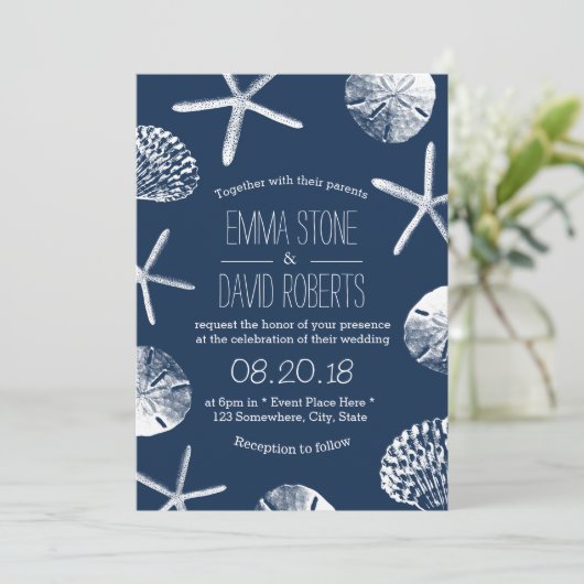 Nautical Navy Starfish Seashells Beach Weddenschap Kaart (Staand voorkant)