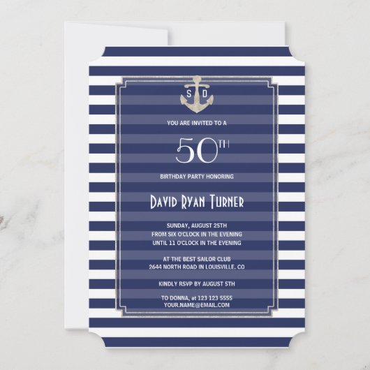 Nautical Navy Strepen Zilver 50e Verjaardagsfeestj Kaart (Voorkant)