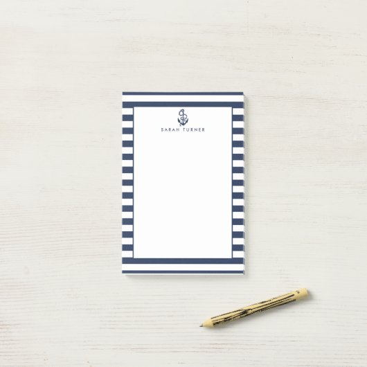 Nautical Navy Stripe & Anchor Personalized Post-it® Notes (Op bureau)