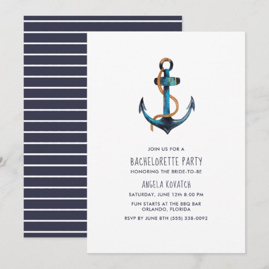 Nautical Navy Stripe Bachelorette Party Invitation Kaart (Voorkant / Achterkant)