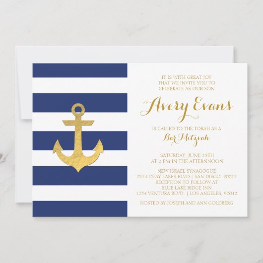 Nautical Navy Stripe Bat Mitzvah Invitations Kaart (Voorkant)