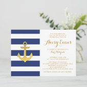 Nautical Navy Stripe Bat Mitzvah Invitations Kaart (Staand voorkant)