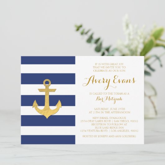 Nautical Navy Stripe Bat Mitzvah Invitations Kaart (Staand voorkant)