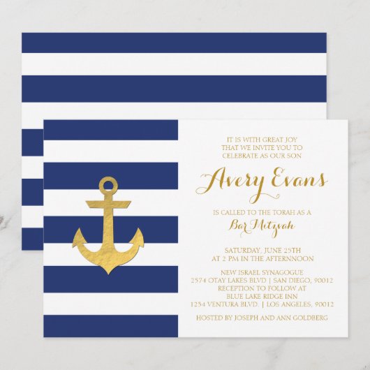 Nautical Navy Stripe Bat Mitzvah Invitations Kaart (Voorkant / Achterkant)