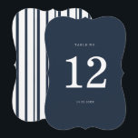 Nautical Navy Stripe Die-Cut Wedding Table Number Kaart<br><div class="desc">Nautical Wedding Die-Cut Table Number in classic navy and white — a chic coastal reception table sign perfect for elegant seaside weddings. Inspired by timeless Coastal Elegance and yacht-club style aesthetics, this navy stripe scalloped table number adds a refined preppy touch to your reception tables. Perfect for the modern coastal...</div>