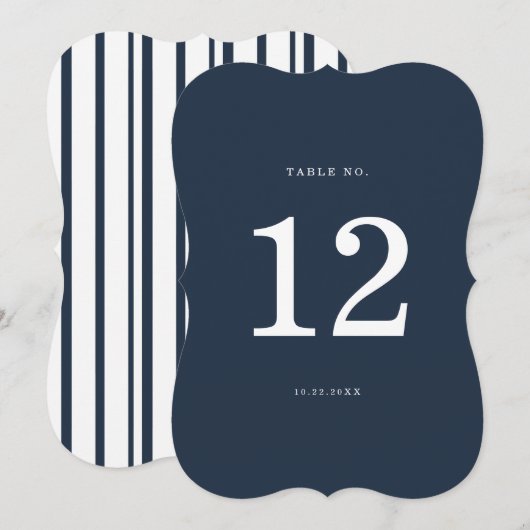 Nautical Navy Stripe Die-Cut Wedding Table Number Kaart (Voorkant / Achterkant)