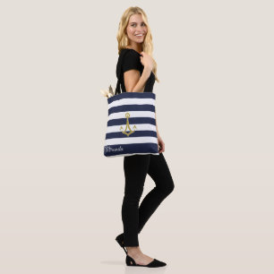 Nautical Navy Stripe Gold Anchor Specialized Tote Bag