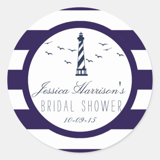 Nautical Navy Stripe Lighthouse Vrijgezellenfeest Ronde Sticker (Voorkant)