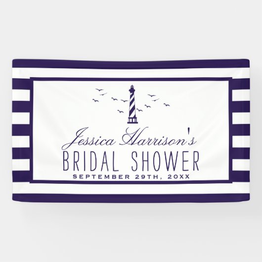 Nautical Navy Stripe Lighthouse Vrijgezellenfeest Spandoek (Horizontaal)