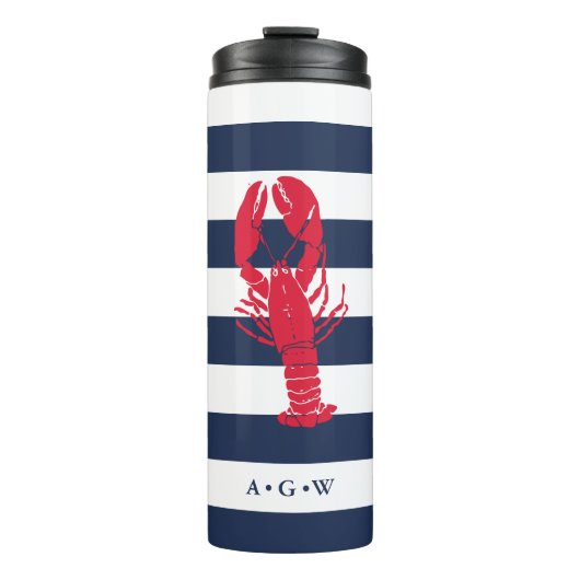 Nautical Navy Stripe & Lobster | Monogram Thermosbeker (Voorkant)