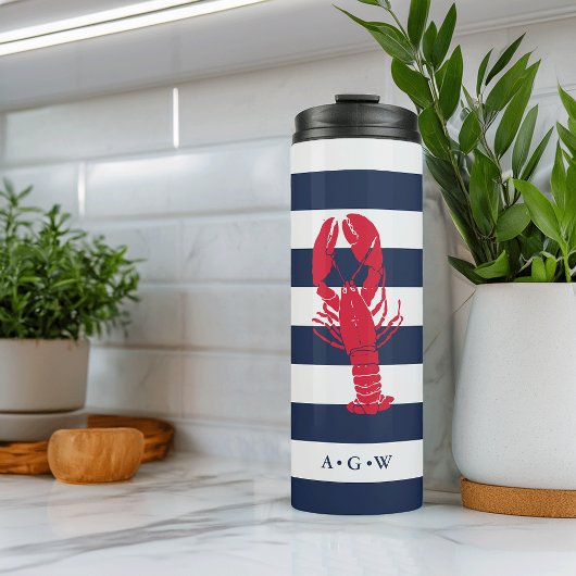 Nautical Navy Stripe & Lobster | Monogram Thermosbeker