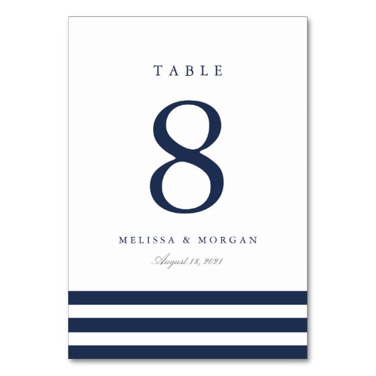Nautical Navy Stripe Personalized Table Number Kaart (Voorkant)