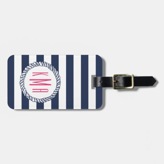 Nautical Navy Stripe & Roze Monogram Bagagelabel (Voorkant horizontaal)