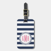 Nautical Navy Stripe & Roze Monogram Bagagelabel (Voorkant verticaal)