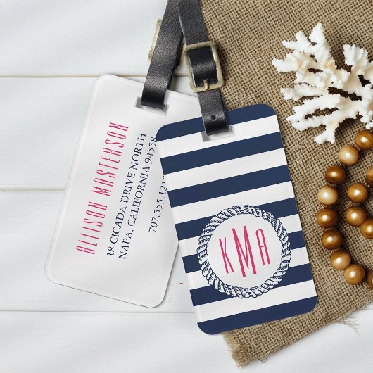 Nautical Navy Stripe & Roze Monogram Bagagelabel