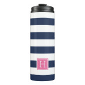 Nautical Navy Stripe & Roze Monogram Thermosbeker (Voorkant)
