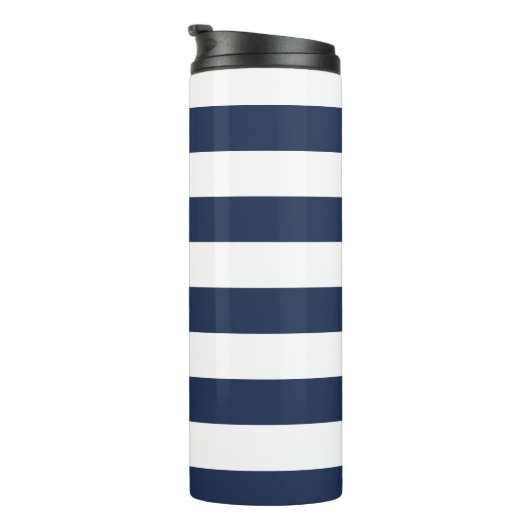 Nautical Navy Stripe & Roze Monogram Thermosbeker (Geroteerd rechts)