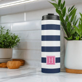 Nautical Navy Stripe & Roze Monogram Thermosbeker