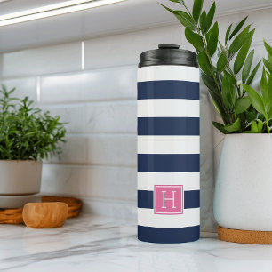 Nautical Navy Stripe & Roze Monogram Thermosbeker